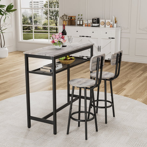 English Elm Bar Pub Table and 2 Stools Set – Space-Saving Grey MDF & Steel Bistro Dining Set for Kitchen, Party Room, Compact Living W578P304319