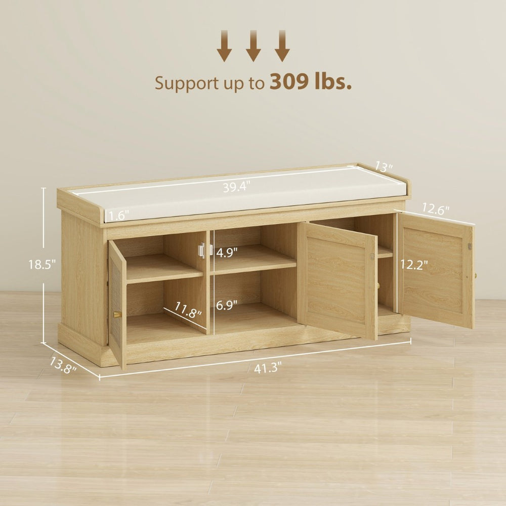 English Elm Shoe Storage Bench with Rattan Cabinet Doors Oak Frame Cushioned Entryway Seat T3971P405373