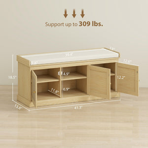 English Elm Shoe Storage Bench with Rattan Cabinet Doors Oak Frame Cushioned Entryway Seat T3971P405373