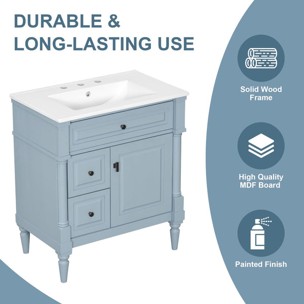 English Elm 30" Freestanding Bathroom Vanity Rubberwood Frame Ceramic Sink Flip Drawer Storage Blue+Grey N725P356062E