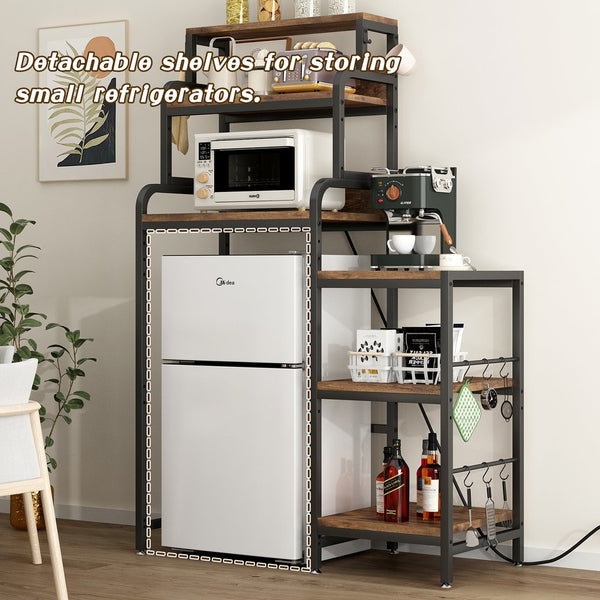 English Elm Multifunctional 7-Tier Mini Fridge & Microwave Stand, Walnut Brown with 2 AC/2 USB Outlets, Heavy-Duty Storage Rack for Kitchen, Dorm, Living Room W2641P383931