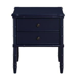 English Elm Emmett carved bamboo nightstand with 2 full‑extension drawers, brass knobs and floor‑protecting glides Dark Blue B050P376941