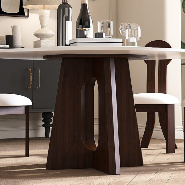 English Elm Modern Round Dining Table - 59" Sintered Stone With Walnut Base & Lazy Susan For 6-8 People W2700S00004