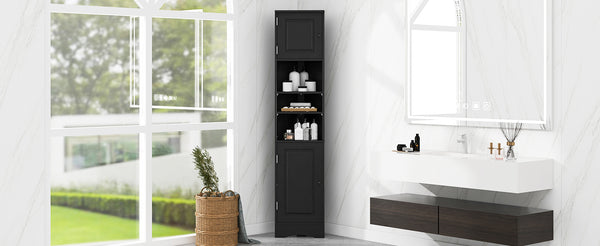 English Elm Multi-Functional Corner Cabinet Tall Trapezoid Bathroom Storage with Adjustable Shelves, Doors, Anti-Dump Device Black WF530911AAB