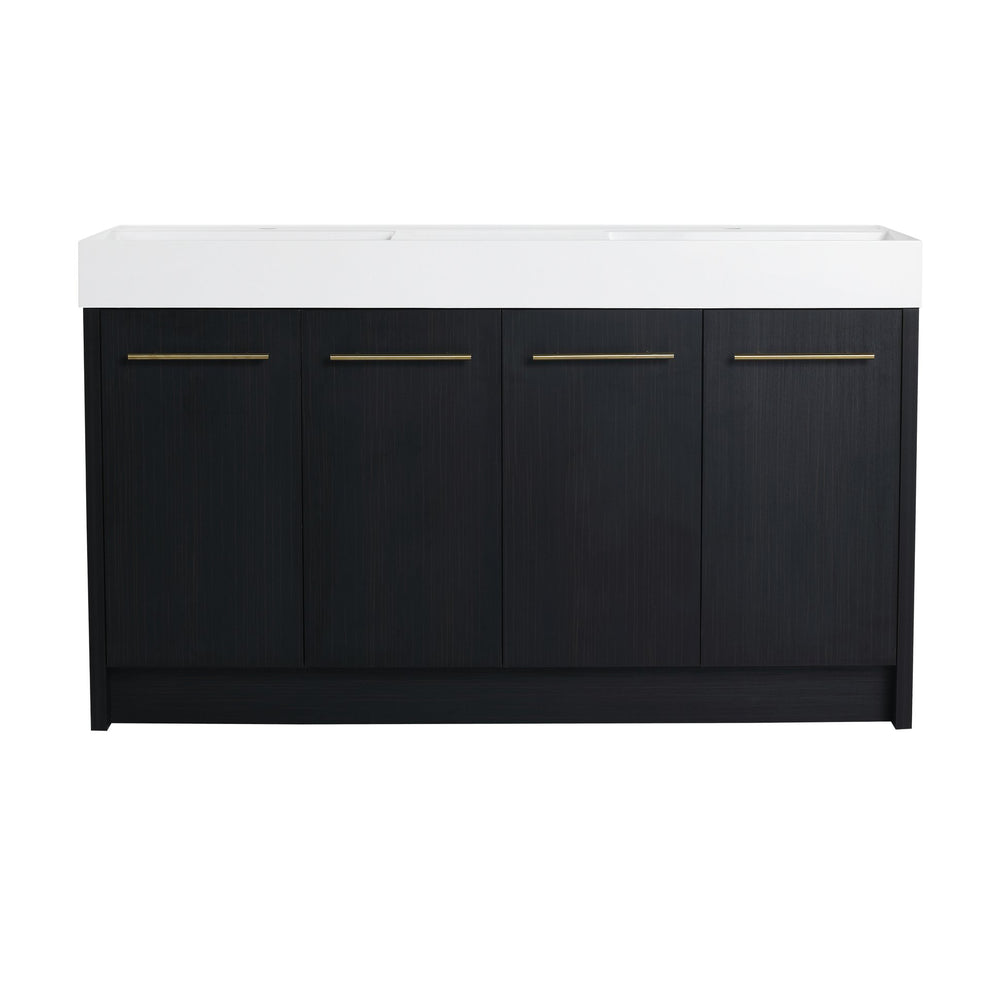 English Elm 60 Inch Freestanding Bathroom Vanity With Resin Double Sink & Soft-Close Doors For Modern Spaces W999S00181