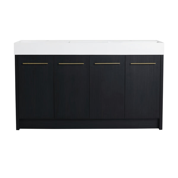 English Elm 60 Inch Freestanding Bathroom Vanity With Resin Double Sink & Soft-Close Doors For Modern Spaces W999S00181