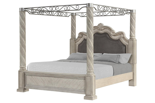 English Elm Gray Upholstered Canopy King Bed Carved Posts Nailhead Trim Grand Bedroom B2699S00119