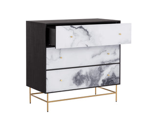 Sunpan Cordero Dresser: Modern Acacia Wood Marvel with Marble Design, Antique Brass Legs & Three Drawers