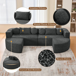 English Elm Boneless Modular Sectional Sofa with Curved Ends, Deep Bouclé Seating, Convertible Sofa Bed & Pillows for Living Room Black N719S002120B