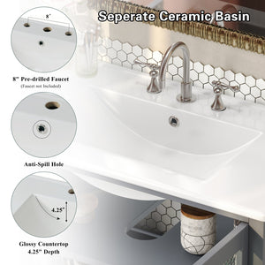 English Elm Christopher Knight Home® - 36" Bathroom Vanity with Ceramic Sink, Solid Wood Legs, Waterproof Finish, Soft-Close Hinges, Open Shelf, Silver Knobs Gray N817P286249G