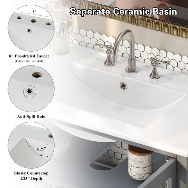 English Elm Christopher Knight Home® - 36" Bathroom Vanity with Ceramic Sink, Solid Wood Legs, Waterproof Finish, Soft-Close Hinges, Open Shelf, Silver Knobs Gray N817P286249G