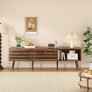 English Elm Mid Century Modern Fluted Wood Media Console with Storage Cabinets for Living Room Natural Walnut T3623P435373