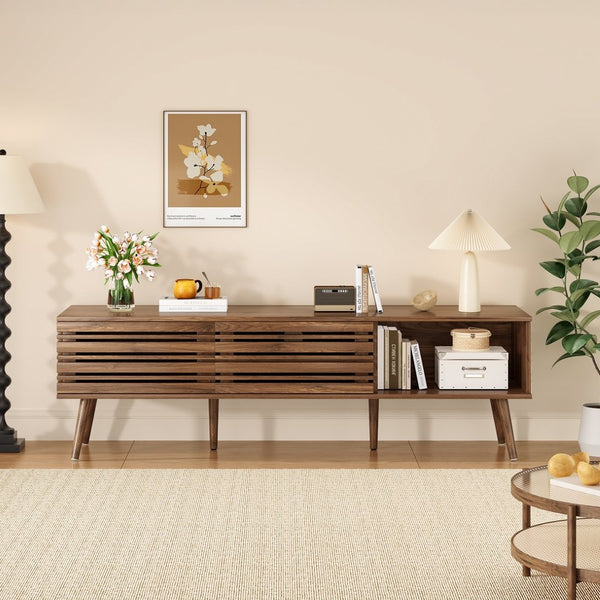 English Elm Mid Century Modern Fluted Wood Media Console with Storage Cabinets for Living Room Natural Walnut T3623P435373