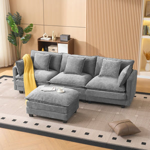 English Elm Beige Chenille Sectional Sofa with Modular Ottoman for Living Room or Studio Gray W2603S00008