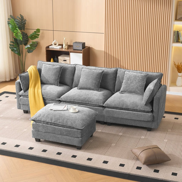 English Elm Beige Chenille Sectional Sofa with Modular Ottoman for Living Room or Studio Gray W2603S00008