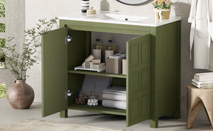 English Elm 36" Bathroom Vanity Organizer with Ceramic Sink, Solid Wood Distressed Finish, Hand-Painted Charm and Ample Storage Olive Green N729P255666F