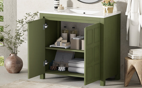 English Elm 36" Bathroom Vanity Organizer with Ceramic Sink, Solid Wood Distressed Finish, Hand-Painted Charm and Ample Storage Olive Green N729P255666F
