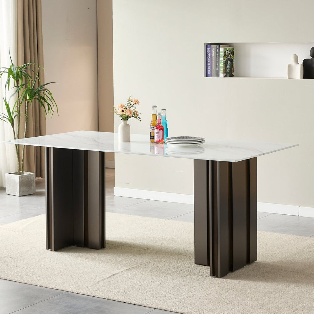 English Elm 69.30 Inch Rectangular Dining Table Marble Pattern Top with Polished Steel Legs Seats Six W3357S00002