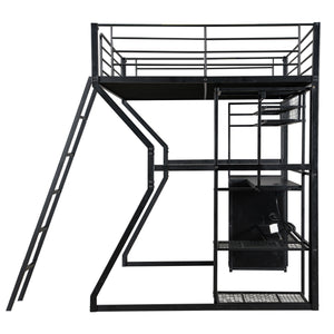 English Elm Full Size Metal Gaming Loft Bed With Workstation, Led Lights, Storage Solutions & Open Wardrobe N7090000666B