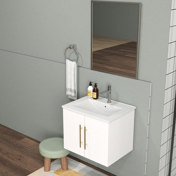 English Elm 24-Inch Wall-Mounted Bathroom Vanity & Mirror Combo - Modern Glossy White, Gold Handles, Soft Close W3151S00033