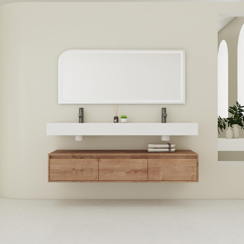 English Elm 60 Inch Wall-Mounted Modern Bathroom Vanity With Dual Resin Sinks, Soft Close Drawers & Chic Design W999S00356
