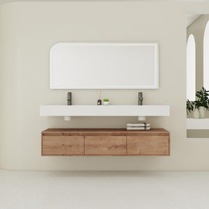 English Elm 60 Inch Wall-Mounted Modern Bathroom Vanity With Dual Resin Sinks, Soft Close Drawers & Chic Design W999S00356