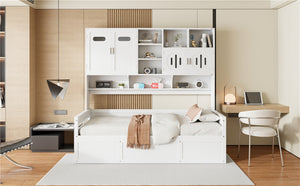 English Elm Twin Size Wooden Daybed With Hydraulic Lift & Integrated Cabinet For Smart Space-Saving Solutions N820S00046K-GIGA