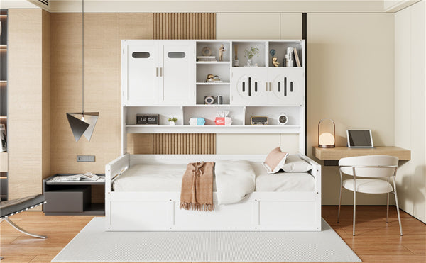 English Elm Twin Size Wooden Daybed With Hydraulic Lift & Integrated Cabinet For Smart Space-Saving Solutions N820S00046K-GIGA