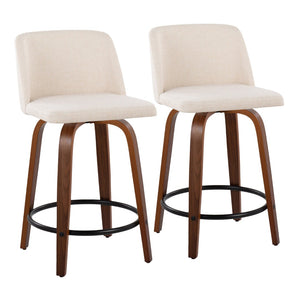 English Elm Toriano 24" Mid-Century Modern Swivel Counter Stools In Walnut Wood & Cream Fabric - Set Of 2 B202S00111-GIGA