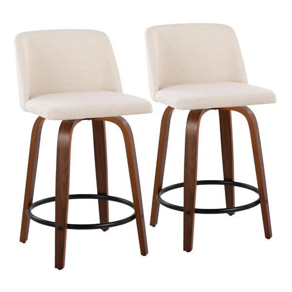 English Elm Toriano 24" Mid-Century Modern Swivel Counter Stools In Walnut Wood & Cream Fabric - Set Of 2 B202S00111-GIGA