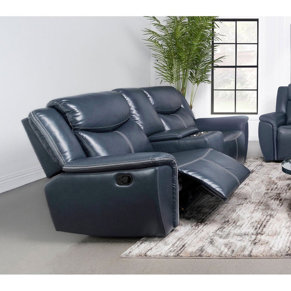 English Elm Stanwicke Blue Motion Reclining Loveseat With Console - Stylish Comfort, Cupholders & Storage Space B062P354056-GIGA