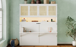 English Elm Twin Murphy Bed with Rattan Cabinet Doors Led Lighting and Usb Charging for Small Spaces White LP000740AAK