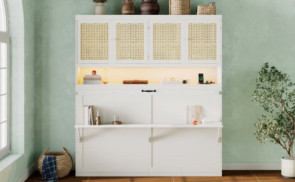 English Elm Twin Murphy Bed with Rattan Cabinet Doors Led Lighting and Usb Charging for Small Spaces White LP000740AAK