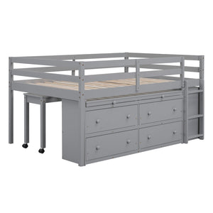English Elm Full Size Kids Loft Bed Pinewood Frame Dual Study Desks Drawers and Open Shelving Gray LT000369AAE