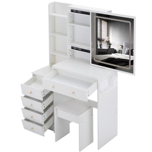 English Elm 37" Stylish Vanity Table Set With Cushioned Stool, Led Mirror, Usb Ports & Hair Dryer Stand - Perfect For Modern Bedrooms! W936P224319