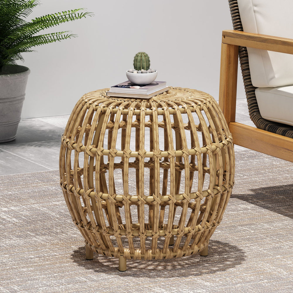 English Elm Christopher Knight Home® - OTTAWA Side Table Light Brown PE Rattan & Iron — Handcrafted Boho Outdoor Accent, Durable, No Assembly 70907.00