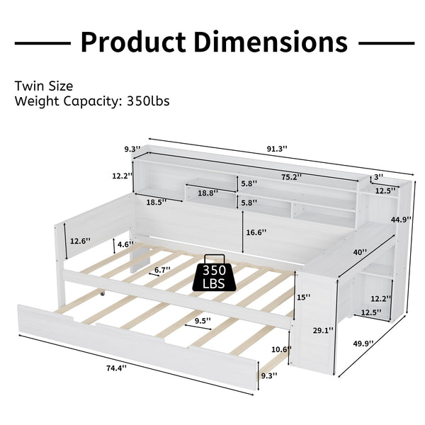 English Elm Wooden Twin Daybed with Trundle, Built-In Desk and Side Storage Shelves for Space-Saving Living Antique White 54.4 L x 18 W x 5.6 H N733S242275K