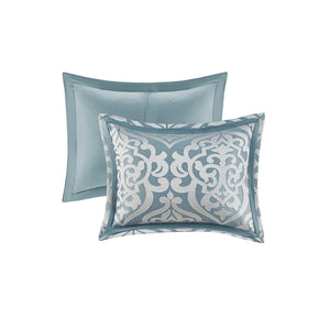 English Elm 8 Piece Jacquard Comforter Set - Luxurious Aqua/Silver Cal King Ensemble For Year-Round Elegance B035128884