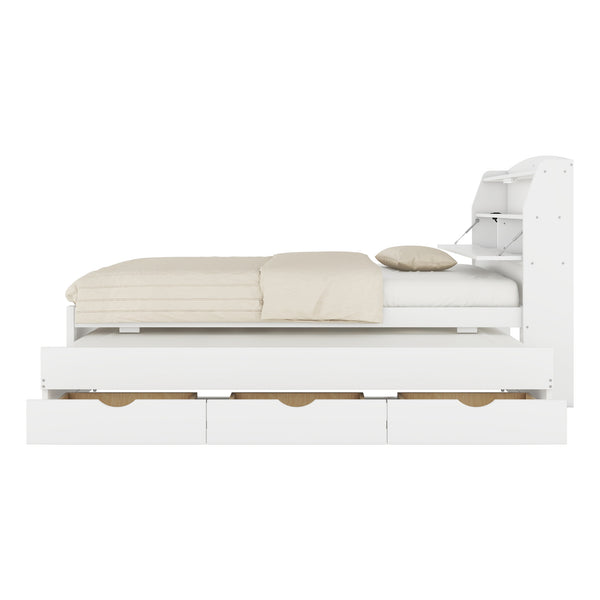 English Elm Full Size Wooden Led Platform Bed With Trundle, Storage Headboard & Drawers - Stylish White Design N820S00009K