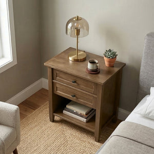 English Elm Warm Shaker Pine Nightstand with Two Drawers and Open Shelf for Farmhouse Bedrooms B136P420751