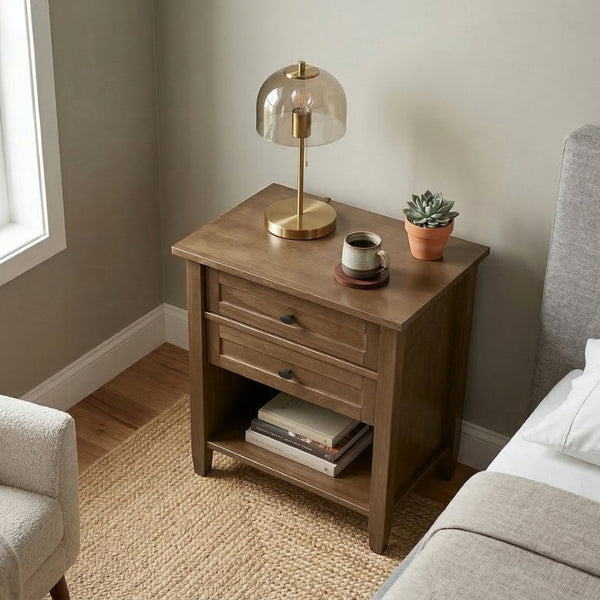 English Elm Warm Shaker Pine Nightstand with Two Drawers and Open Shelf for Farmhouse Bedrooms B136P420751