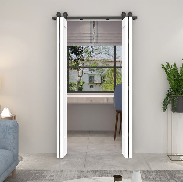 English Elm 24 in Primed Mdf Bi-fold Barn Door with Raised 6-panel Profile and Sliding Hardware B2763P491031