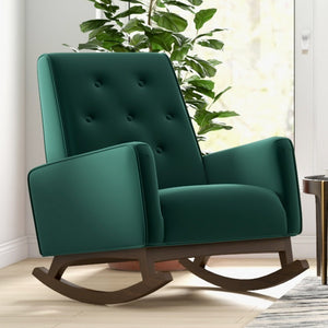 English Elm Ashcroft Furniture - Demetrius Mid-Century Solid Wood Rocking Chair with Velvet Microfiber Upholstery and Plush Foam Cushion Green B183P201820
