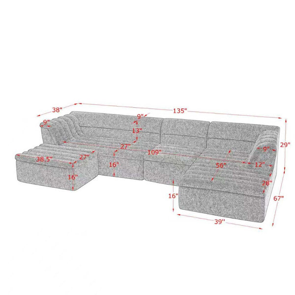 English Elm 135" U-shaped Chenille Sectional with Movable Ottoman Four Piece Modular Living Room Sofa Dark Grey W1413S00125