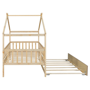 English Elm Twin House Bed with Trundle Solid Pine Frame Walnut Kids Bedroom Sleepover N708P357115N