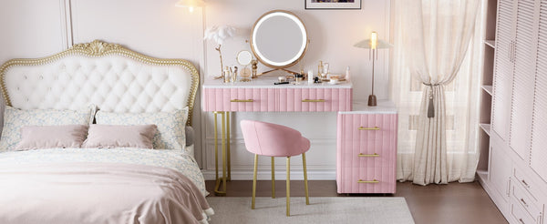 English Elm Velvet Upholstered Vanity Desk Set with Marble-Look Top, Padded Chair, 5 Spacious Drawers & Gold Accents Pink 17.5 L x 16.3 W x 16.1 H N733S272606H