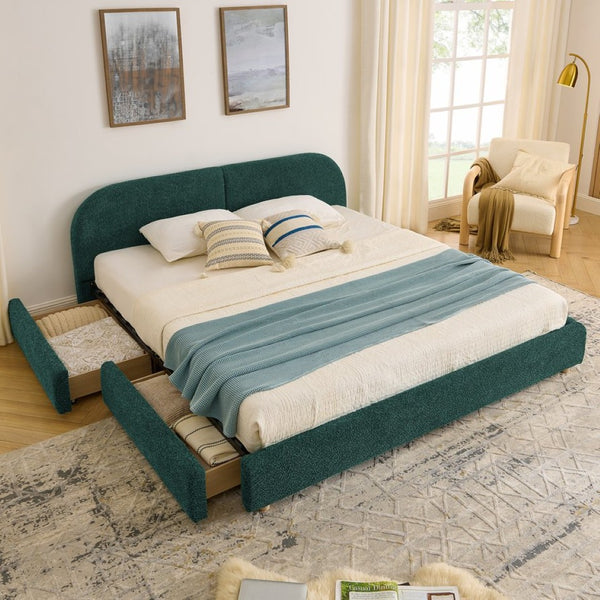 English Elm King Upholstered Storage Bed Curved Headboard Circle Yarn Fabric Modern Minimalist Frame Green W487S00471
