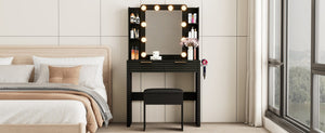 English Elm Makeup Vanity with Hollywood Bulbs Fluted Mdf Dressing Table Glam Storage Stool N704P340251B