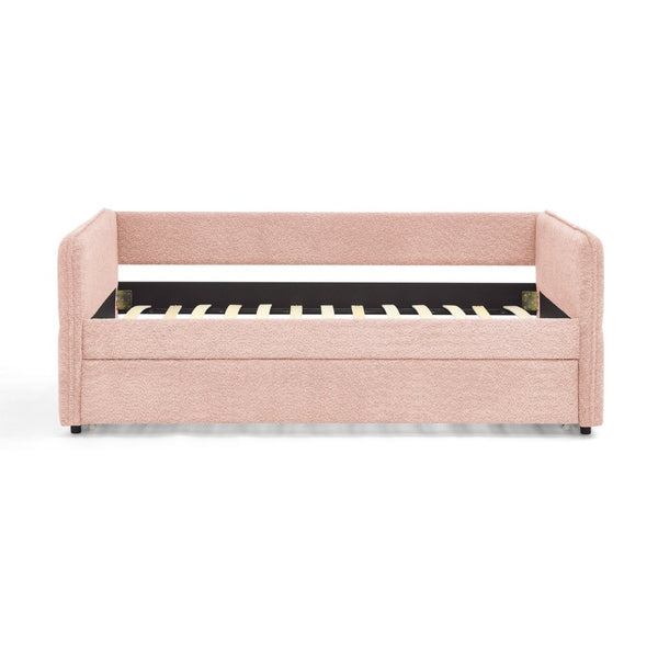 English Elm Daybed Boucle Upholstered Tufted Twin Trundle Sofa for Guest Bedroom Studio Lounge Pink W1413S00172