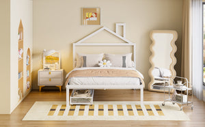 English Elm Full Metal Platform Bed with House-Style Headboard, Two Smooth Storage Drawers, Sturdy 350lb Capacity White MF320571AAK